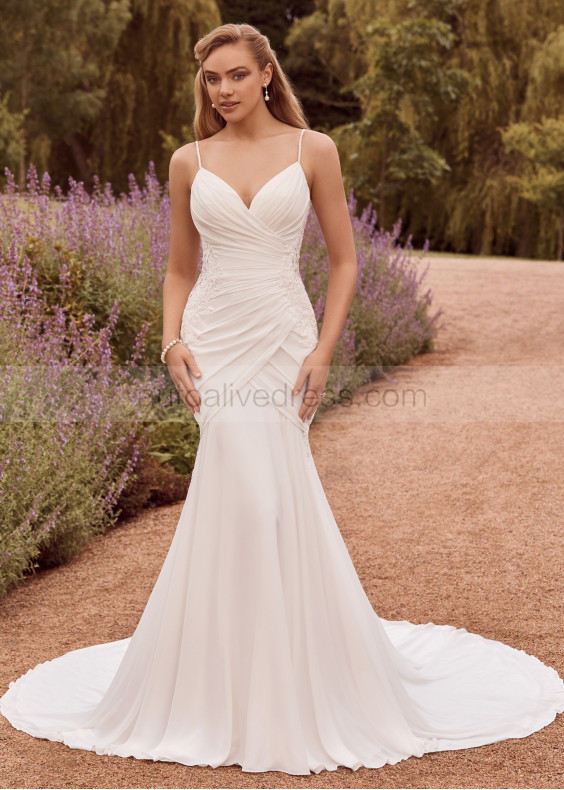 Spaghetti Straps Beaded Ivory Lace Chiffon Ruched Wedding Dress